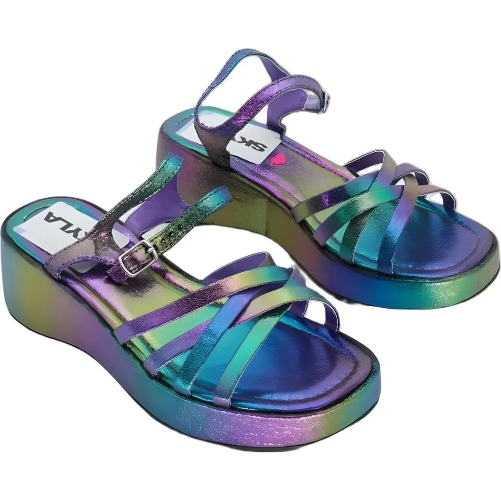 Steve Madden Girls Crazy Wedge Sandal Iridescent Straps Size 4 - Picture 4 of 6